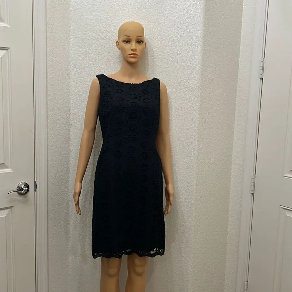 Milly Dress Sz 8 Black Floral Eyelet Scoop Neck Short Sleeve Midi Lined New York